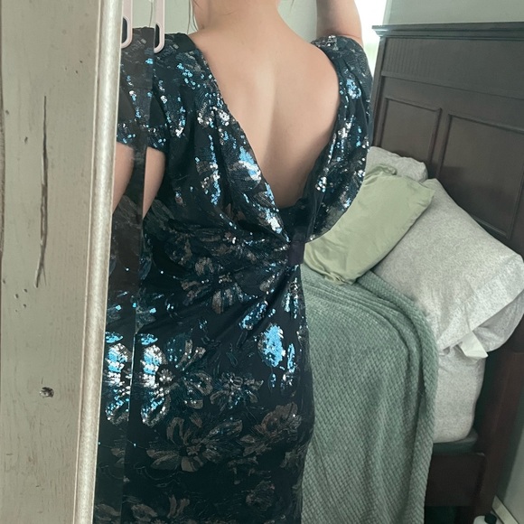 Calvin Klein Blue Floral Sequin Dress With Cowl Back Detail - Picture 10 of 14